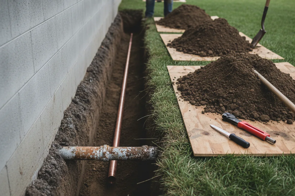 Excavated water line trench during Water Softener Installation in Rio